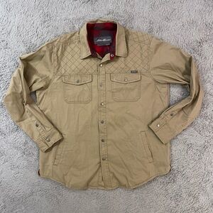Eddie Bauer Men’s Shacket Utility Jacket Tan Size L Plaid Fleece Lined Outdoor